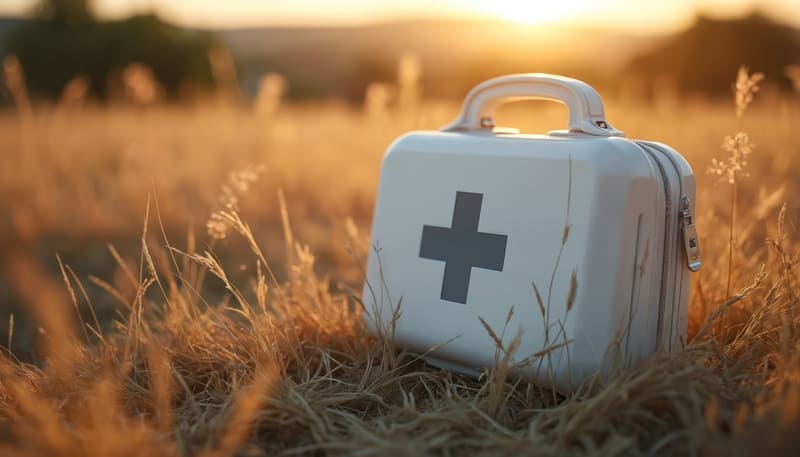 first-aid-course-white-first-aid-kit-with-dark-cross-emblem-rests-in-dry-golden-grass-during-sunset-rural-setting-provides-sense-of-serenity
